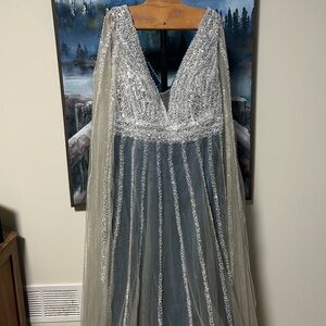 Silver and teal Sequin Gown with Sheer Overlay Beautiful beading